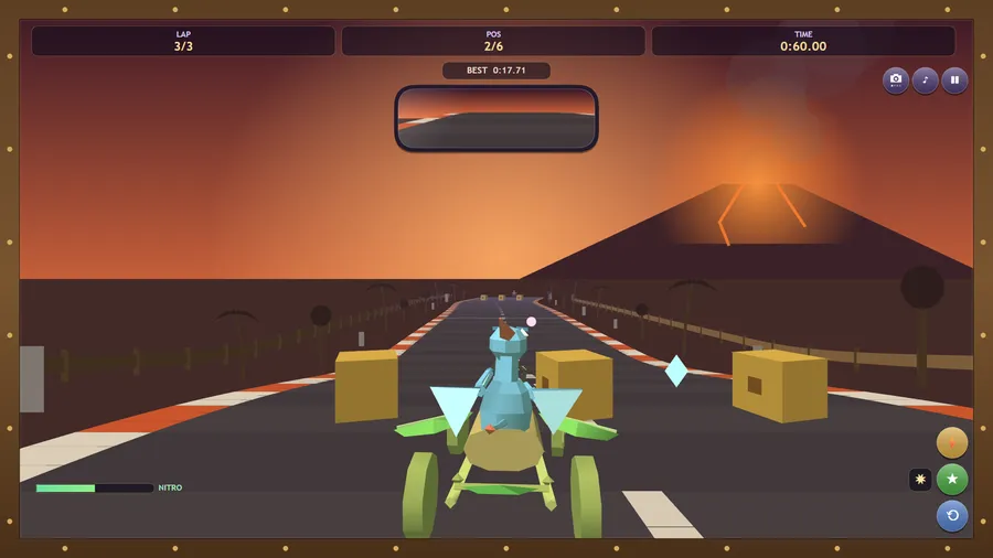 A winged blue dino in a green kart rides in second place on the final lap, with a nitro bar and item crates ahead.