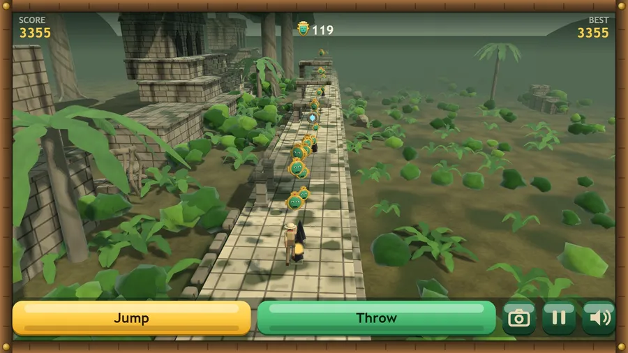 Behind-the-explorer view: she runs away from the camera down the limestone causeway toward a line of jade relic masks