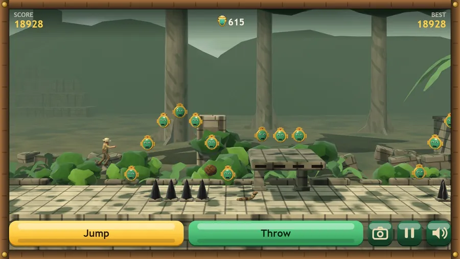 Deep into a run at 18,928 points: obsidian spikes, a snake and stone ledges on pillars along a ruined terrace wall