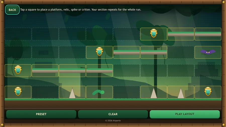 Trail Editor grid of platforms, relics, spikes, a snake and a bat above Preset, Clear and Play Layout