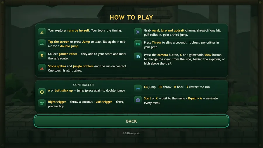 How to Play card with seven rules, including how to change the camera view, and four controller lines