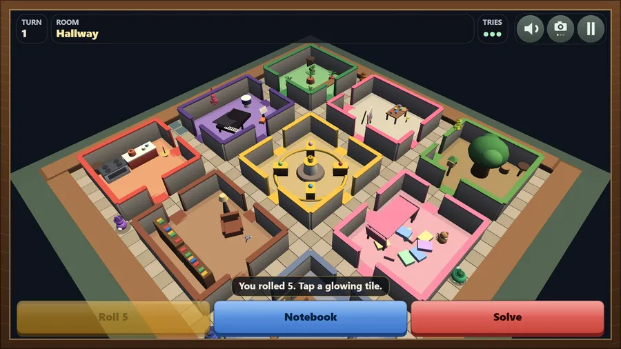 The whole-mansion view: nine colour-coded rooms around a yellow centre room; Turn 1, Hallway, You rolled 5