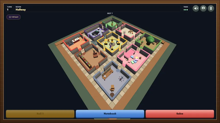 The whole mansion from above: nine colour-coded rooms around a yellow centre room; Turn 1, Hallway