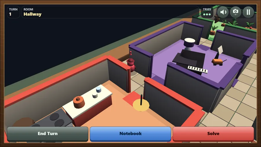 The close-on-your-pawn view: a red pawn in the hallway between the kitchen and the purple room with the grand piano