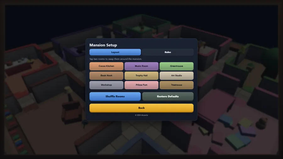 Mansion Setup, Layout tab: nine room tiles from Cocoa Kitchen to Treehouse, with Shuffle Rooms and Restore Defaults