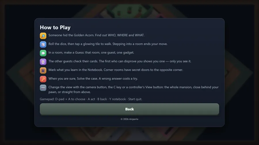 How to Play: finding who, where and what, rolling and walking, guesses, the Notebook, solving, and the camera views