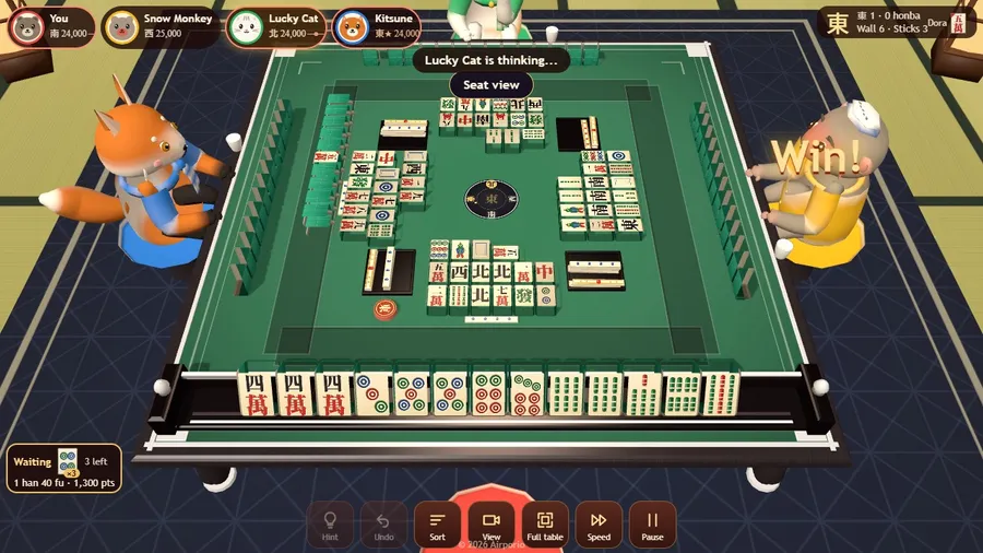 Midgame after a riichi: a stick in front of the river, a sideways discard, and the panel of waiting tiles.