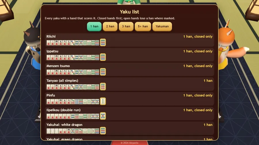 The yaku list: every yaku with a real winning hand drawn in tiles.