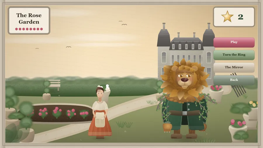 The Rose Garden in sunshine with a bed of pink roses, Beauty and the Beast on the path, 2 stars, Play and Turn the Ring