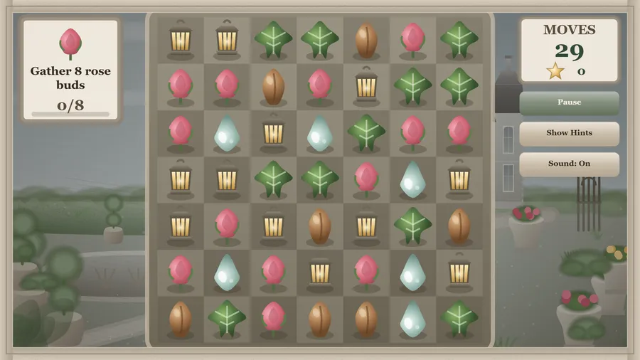 A 7×7 match-3 board of lanterns, ivy leaves, rose buds, seeds and dewdrops; goal Gather 8 rose buds 0/8, 29 moves