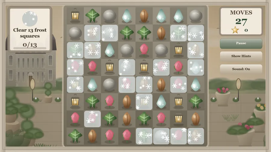 An 8×8 board with frosted squares among stones, lanterns and buds; goal Clear 13 frost squares 0/13, 27 moves left