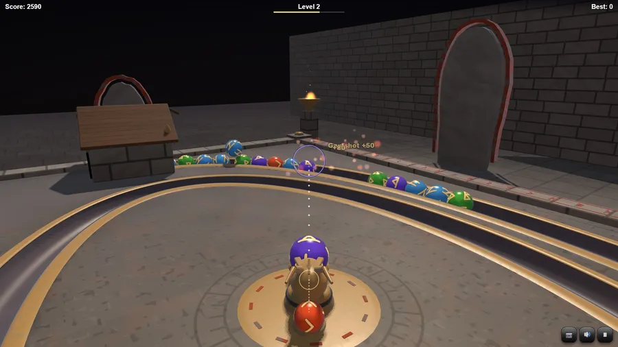 Behind the dragon: the close camera low behind the bronze dragon head, its aim line running up the table to the chain