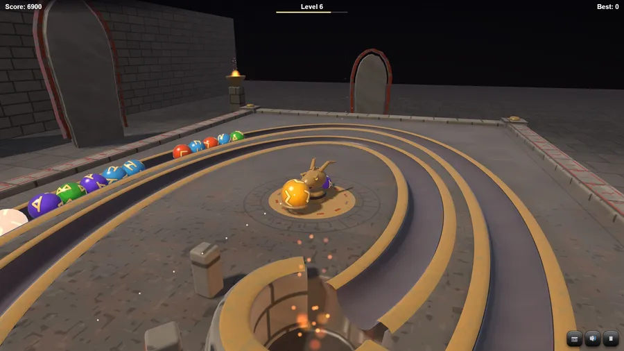 Over the altar: the close camera above the fire pit, looking back up the spiral at the chain coming for it