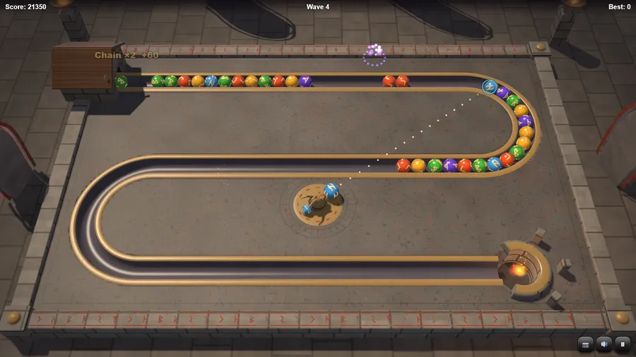 Endless, Wave 4: a long chain broken by gaps on switchback grooves, with a score of 21350
