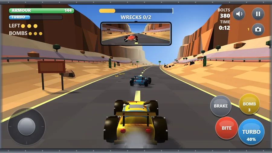 Chase view: the rusty yellow car on a canyon road, a blue rival ahead, a red one in the mirror; Wrecks 0/2, 380 bolts
