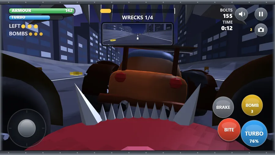 Bonnet view from inside the head, mid-bite: fangs close on a dark red rival on a night city road; Wrecks 1/4, 155 bolts