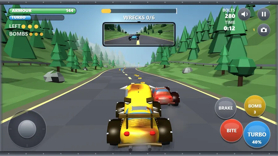 Chase view: the yellow car's head reared open, fangs out, beside a red rival on a pine-forest road; Wrecks 0/6, 280 bolts