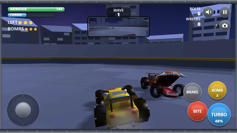 Arena Wave 1: a rival comes head-on beside the yellow car, jaws wide open and rows of fangs bared; 0 bolts, 0 wrecks
