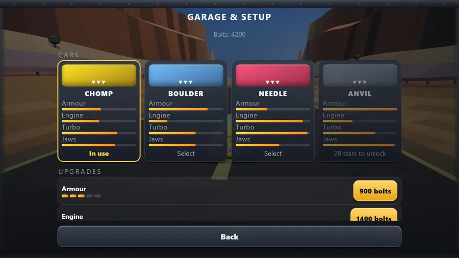 Garage & Setup, 4200 bolts: the cars Chomp, Boulder, Needle and Anvil, and the Armour upgrade for 900 bolts