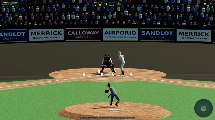 The TV camera from center field: the pitcher in front, batter, catcher and umpire at the plate, ad boards and crowd behind