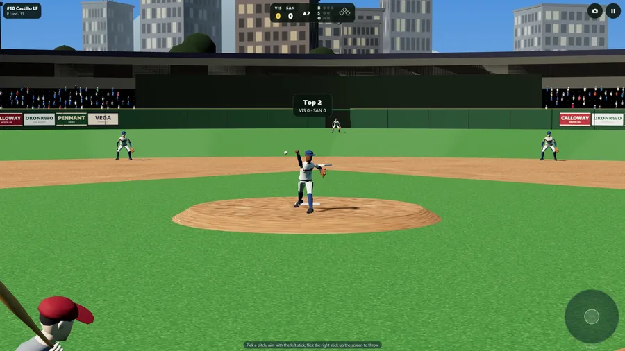 Top 2, from behind the batter: the ball leaves the pitcher's hand as the infielders wait