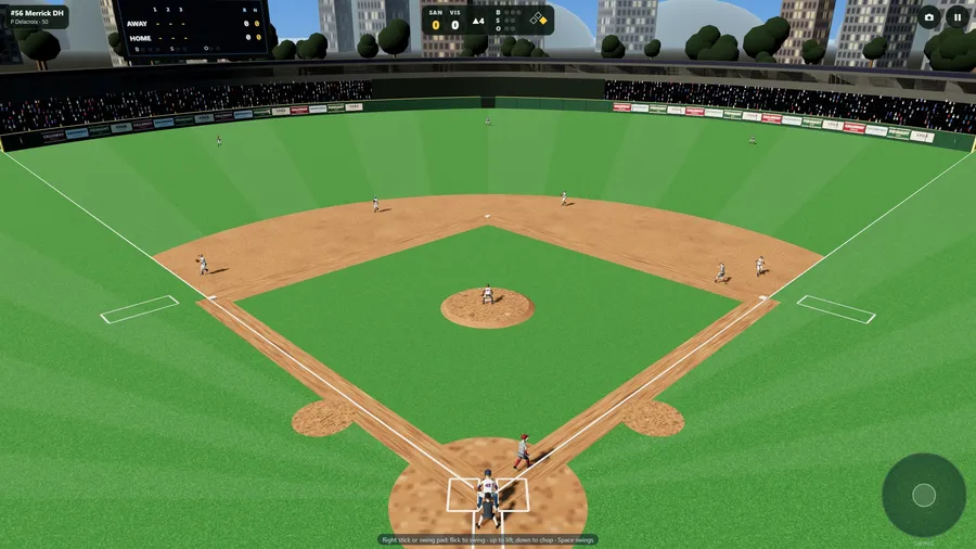 The whole diamond from high behind home plate: every fielder in place and the stands all round