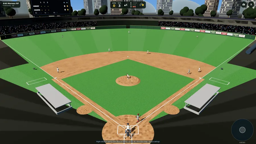 The whole diamond from high behind home plate: the hitter runs up the first-base line and the fielders move
