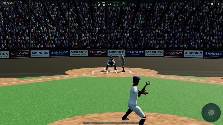 Behind the pitcher on the mound, ball in hand; batter and catcher wait at the plate below a packed stand