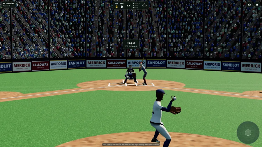 Top 3, behind the pitcher on the mound, ball in hand; batter and catcher wait at the plate below a packed stand