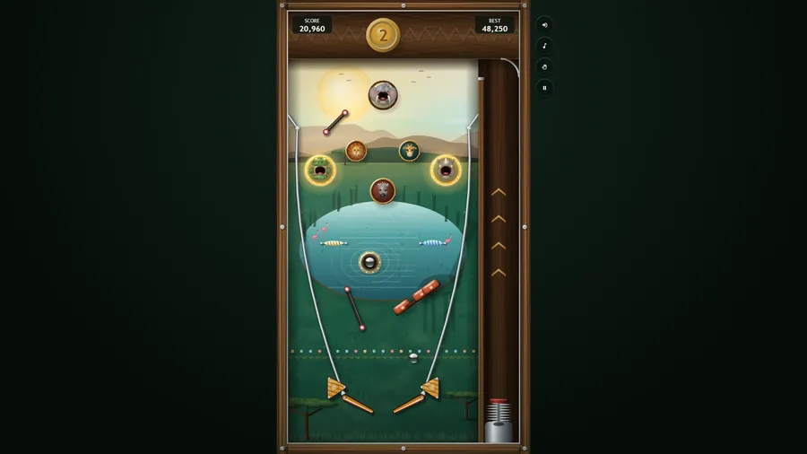 Table 2, Watering Hole: a ball in the kick-out saucer in the pool, twin spinners, an angled drop-target bank, lit mouths