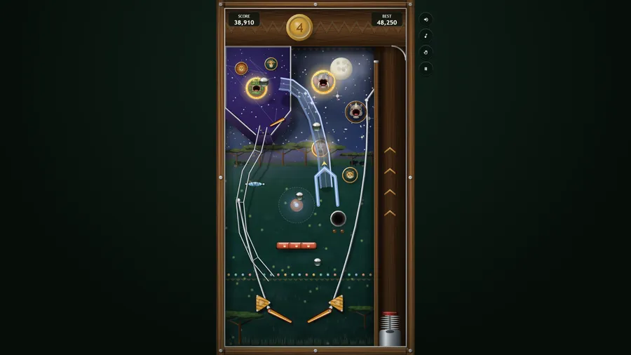 Table 4, Night Sky multiball: balls on the starry upper deck, on the ramp and on the field, a moon magnet, MULTIBALL!