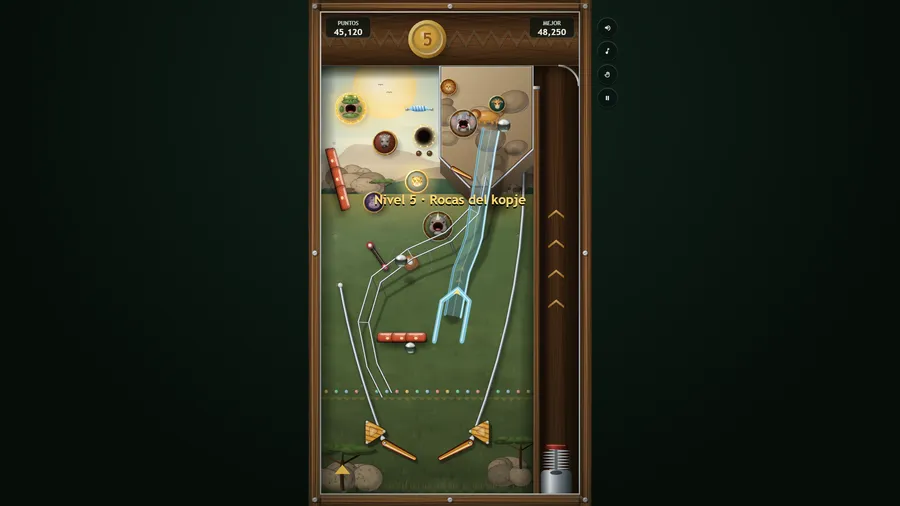 Table 5, Kopje Rocks in Spanish: a ball on the rock plateau, one on the long wire habitrail, banner Nivel 5 · Rocas del kopje