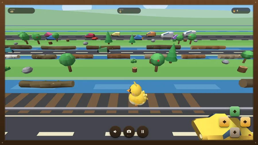 The chick on a meadow level crossing, logs drifting down two rivers and traffic ahead; Rows 49, 4 acorns