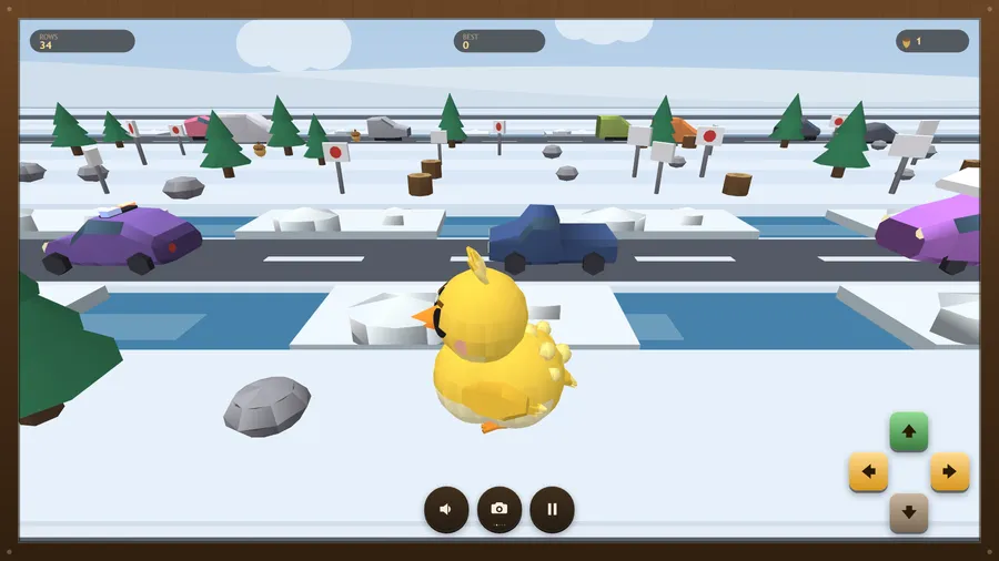 Close-up camera: the chick from just behind on a frosty crossing, snow road and icy water ahead; Rows 34, 1 acorn