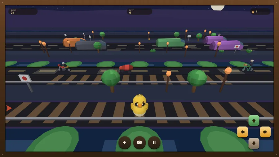 The chick at night on a railway by lit lily pads; a red edge arrow warns of an unseen train; Rows 31, 1 acorn