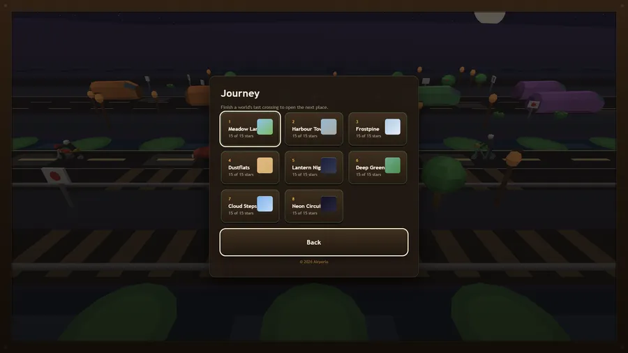 Journey screen: eight places from Meadow Lane to Neon Circuit, each showing 15 of 15 stars