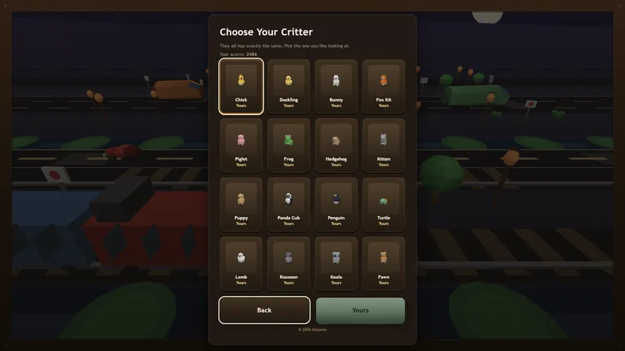Choose Your Critter: sixteen animals from Chick to Panda Cub, all marked Yours, with 2486 acorns