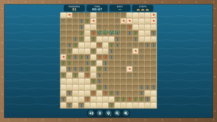 A large sand-tile board mid-game with numbers and orange flag buoys, Safe start on top; 31 markers, 00:47, three steps