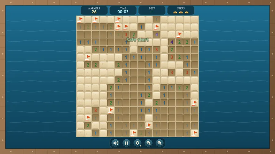 A 16 by 16 Reef board with a large opened area, numbers on the edges and red buoy markers on the urchins.