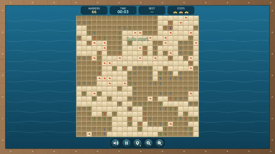 A large 24 by 24 Deep board, mostly dug out, with dozens of numbers and red buoys marking hidden urchins.