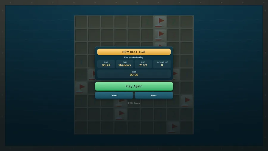 Result card after clearing the Shallows: time 00:47, 71 of 71 tiles dug, no urchins hit, with Play Again.