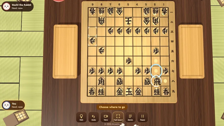 Early in a game as Sente: a piece selected, gold dots showing where it can move, the animal opponent watching.