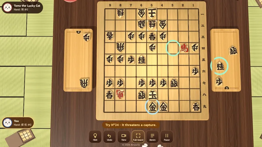 Mid-game with a hint ringed in green and the move written out with the reason it is good.