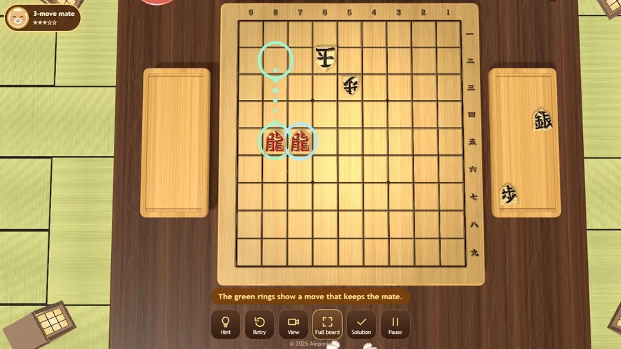 A tsume puzzle with the hint showing the single winning checking move on the board.