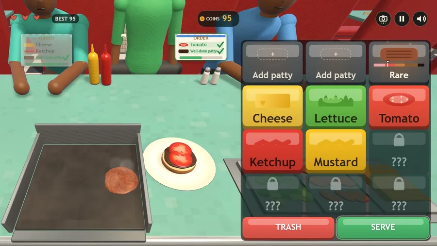 Cook's-eye camera: looking down at a patty on the griddle and a burger with tomato on the plate, tickets above