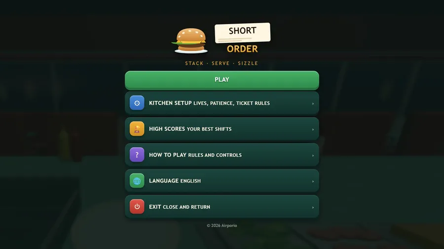 Short Order title and burger logo above Play, Kitchen Setup, High Scores, How to Play, Language and Exit