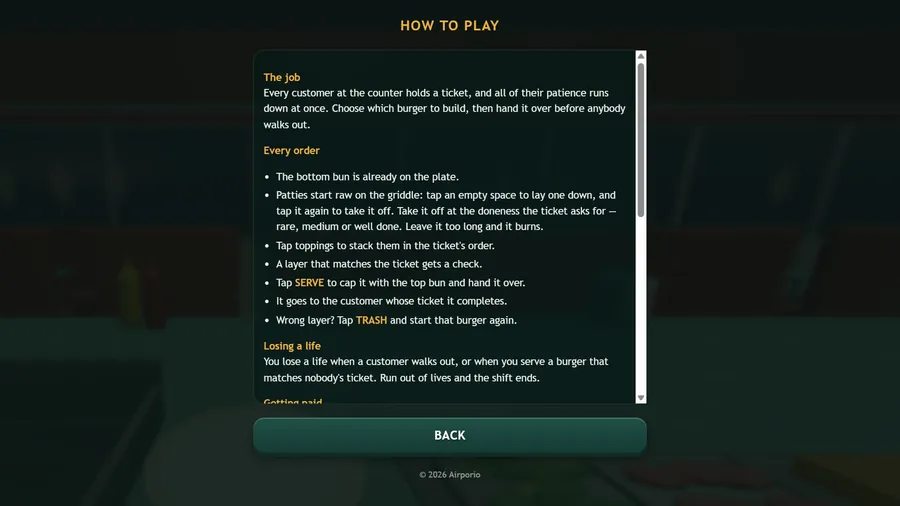 How to Play: the job, every order step by step with the griddle and doneness, and losing a life