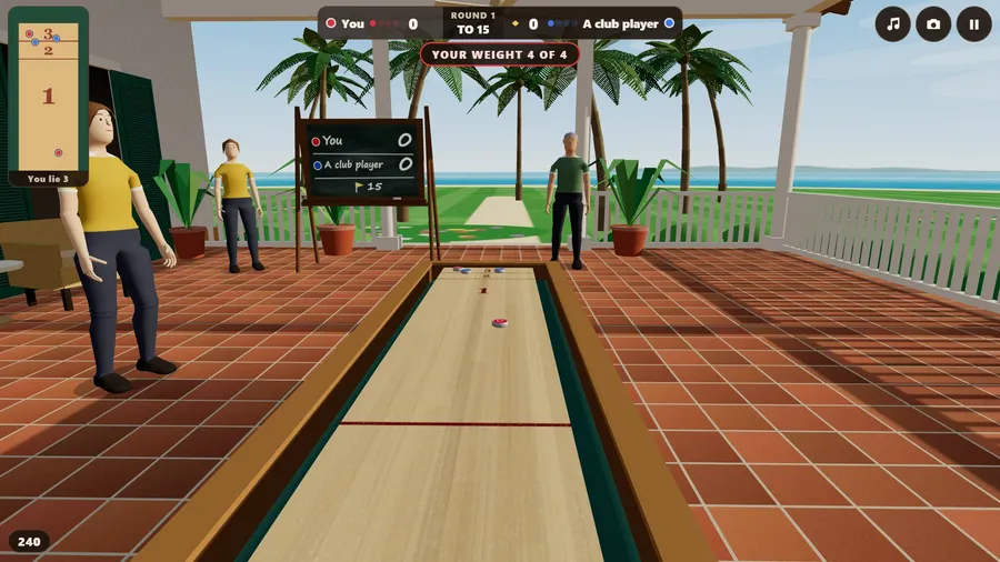 Low behind a red weight sliding up the board on the palm-court veranda, the 3, 2 and 1 lines coming up.