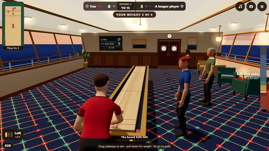 Aiming on the ship: the guide line bends with the roll of the deck and a marker shows which way the board is falling.