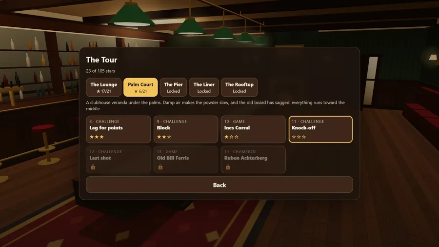 The Tour menu: five room tabs and seven level cards with stars, challenges and opponents.